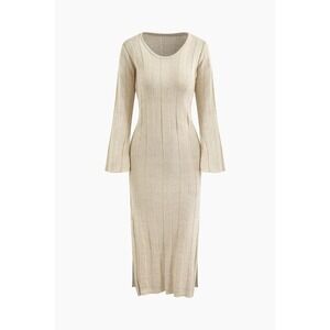 Maxi Dress Bodycon V-Neck Bell Sleeve Ribbed Knit Side Slits Beige Size 4